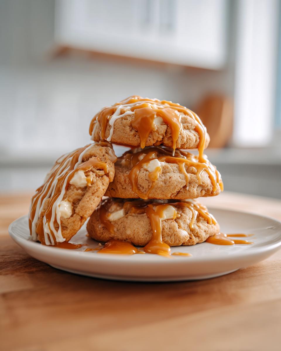 A stack of four delicious Caramel Apple Cookies drizzled heavily with caramel and white icing.