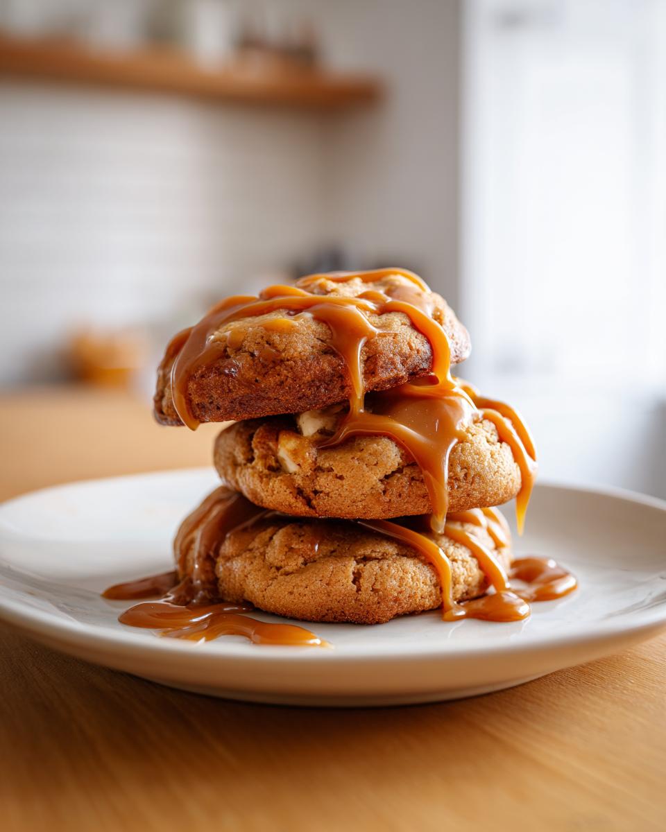 Three delicious Caramel Apple Cookies stacked and generously drizzled with thick caramel sauce.