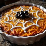 Baked cheesy dip decorated with a sour cream spiderweb and black olive spiders, perfect for Halloween Dinner Ideas.
