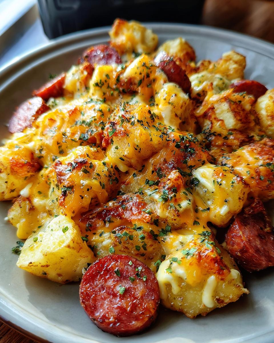 A close-up of Cheesy Ranch Potatoes And Smoked Sausage, featuring golden potatoes covered in melted cheese and sprinkled with herbs.