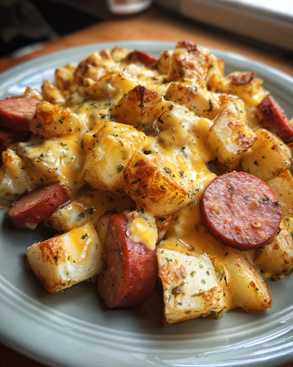 A close-up of Cheesy Ranch Potatoes And Smoked Sausage, featuring roasted potato cubes covered in melted cheese and herbs, mixed with sliced smoked sausage.