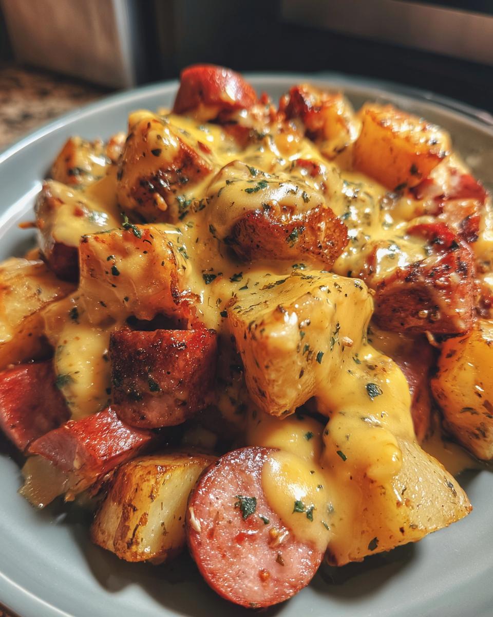 Close-up of Cheesy Ranch Potatoes And Smoked Sausage covered in melted cheese sauce and herbs.