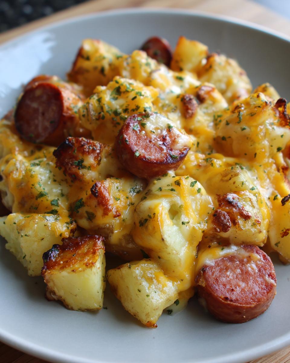 A close-up of Cheesy Ranch Potatoes And Smoked Sausage, featuring melted cheddar cheese over roasted potatoes and sliced sausage.