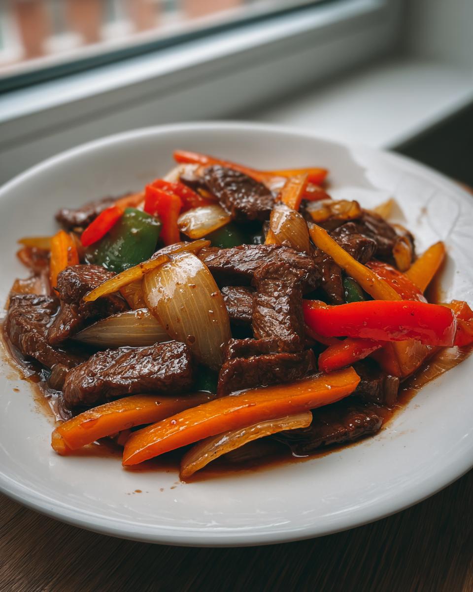 Close-up of Chinese Pepper Steak With Onions featuring tender beef, bell peppers, and onions in a savory sauce.