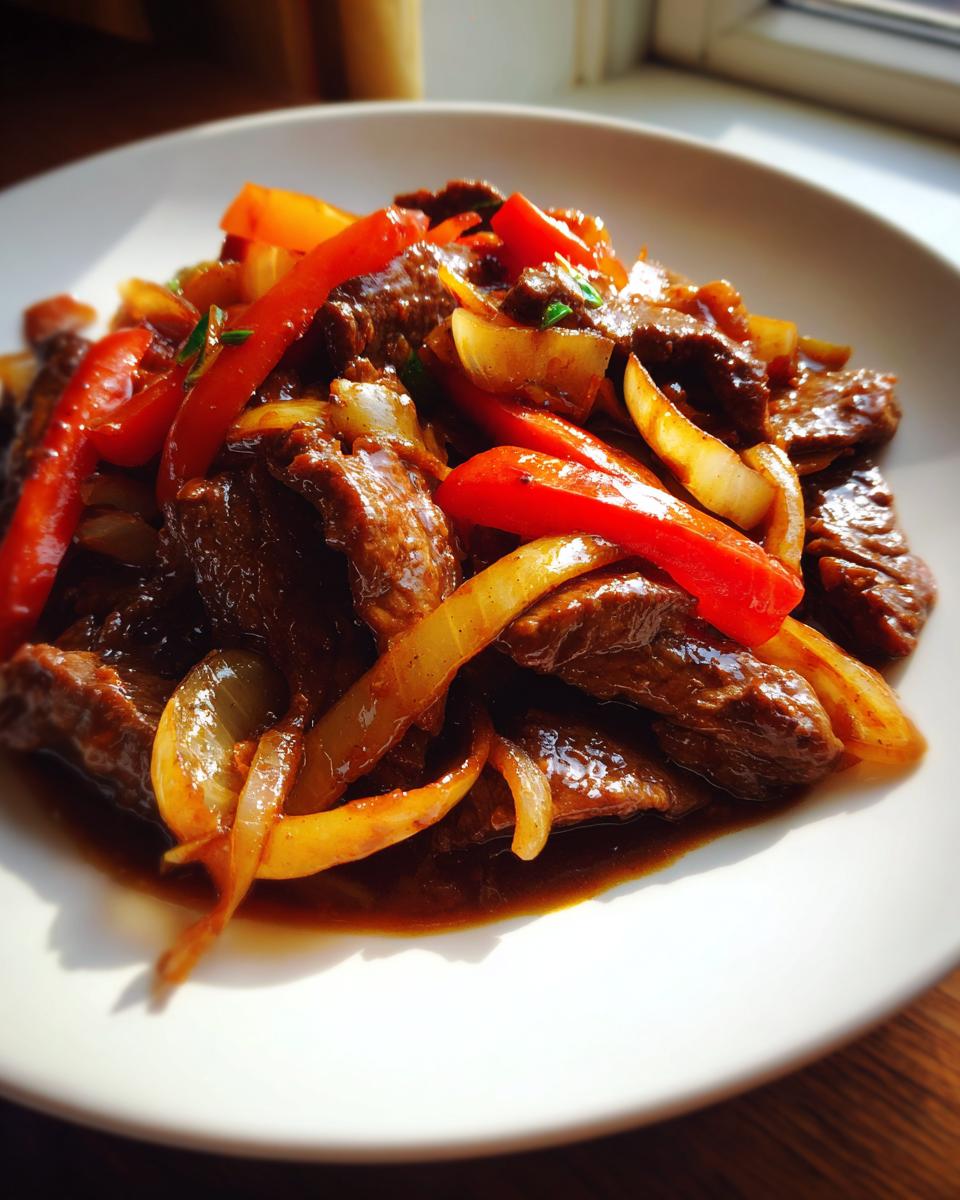 Close-up of tender beef strips, red bell peppers, and onions coated in a rich sauce in Chinese Pepper Steak With Onions.