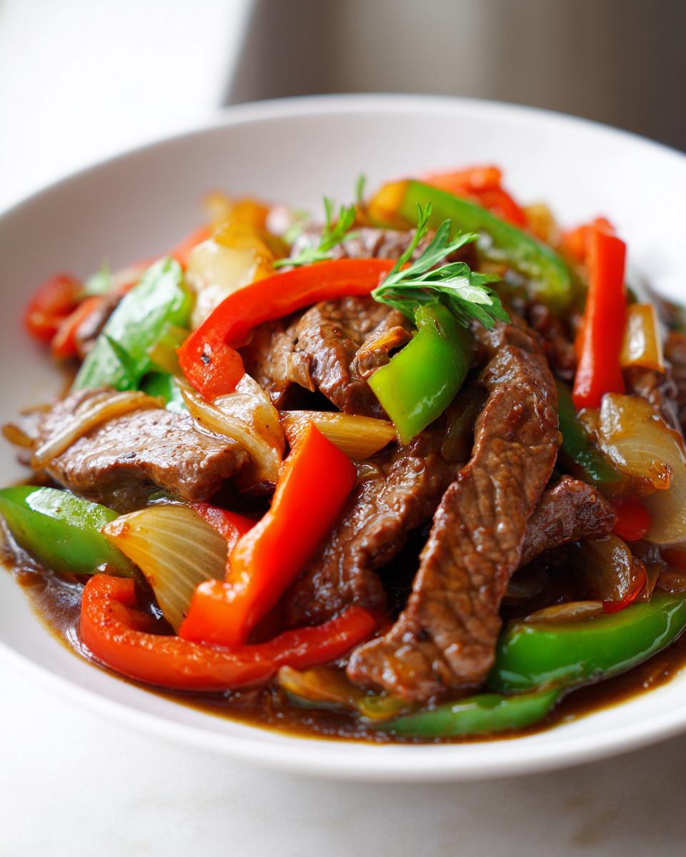 A close-up of savory Chinese Pepper Steak With Onions featuring strips of beef, red and green bell peppers, and onions in a rich brown sauce.
