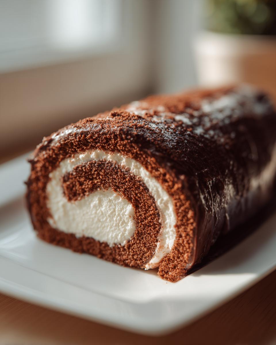 A close-up of a chocolate Buche De Noel Swiss roll cake filled with white cream, sitting on a white platter.