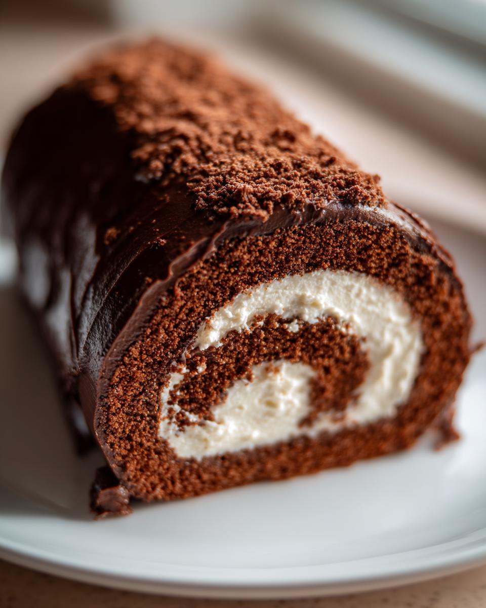 A close-up shot of a slice of chocolate Buche De Noel showing the dark chocolate sponge cake rolled around a white cream filling.