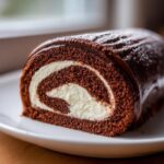 A cross-section slice of a rich chocolate Buche De Noel roll cake filled with white cream, glazed with chocolate ganache.