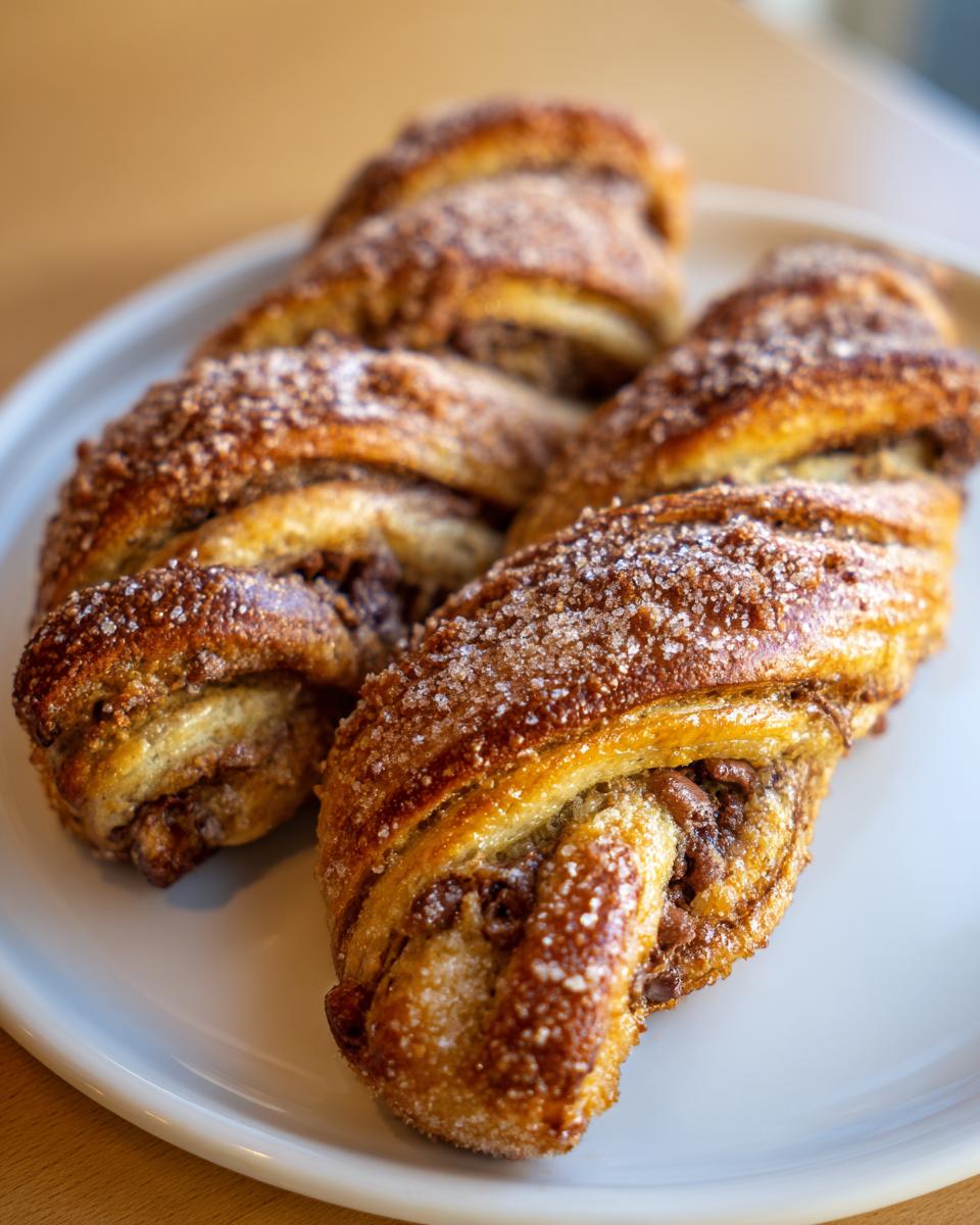 Close-up of two golden-brown Chocolate Chip Cookie Dough Twists sprinkled with coarse sugar on a white plate.
