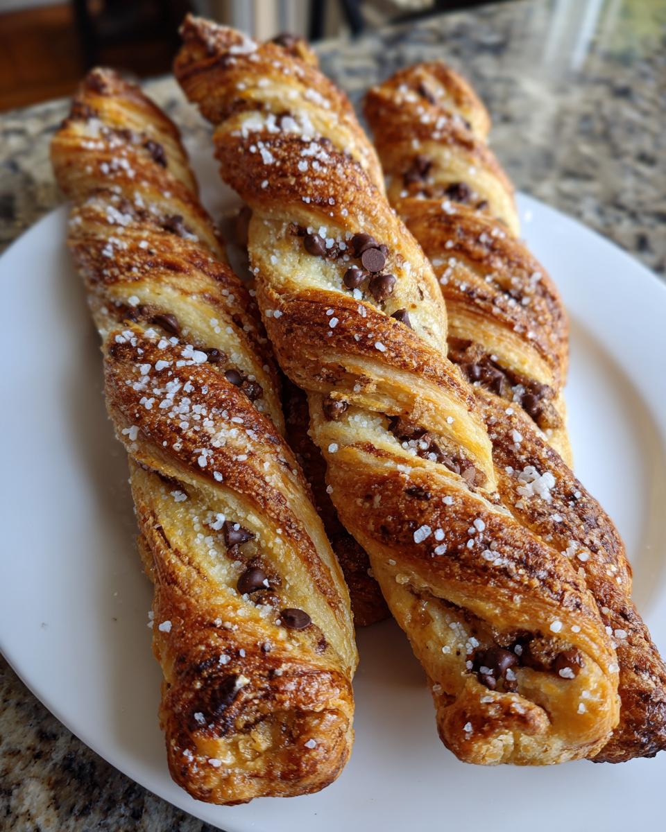 Three golden-brown Chocolate Chip Cookie Dough Twists sprinkled with coarse sugar on a white plate.