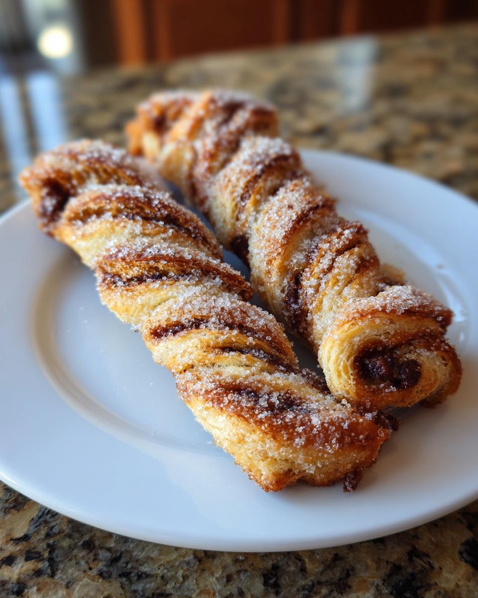 Two golden-brown Chocolate Chip Cookie Dough Twists, sprinkled heavily with sugar, resting on a white plate.