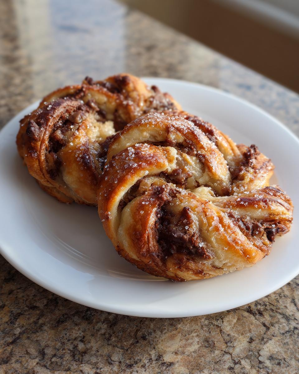 Two golden-brown Chocolate Chip Cookie Dough Twists sprinkled with coarse sugar, resting on a white plate.