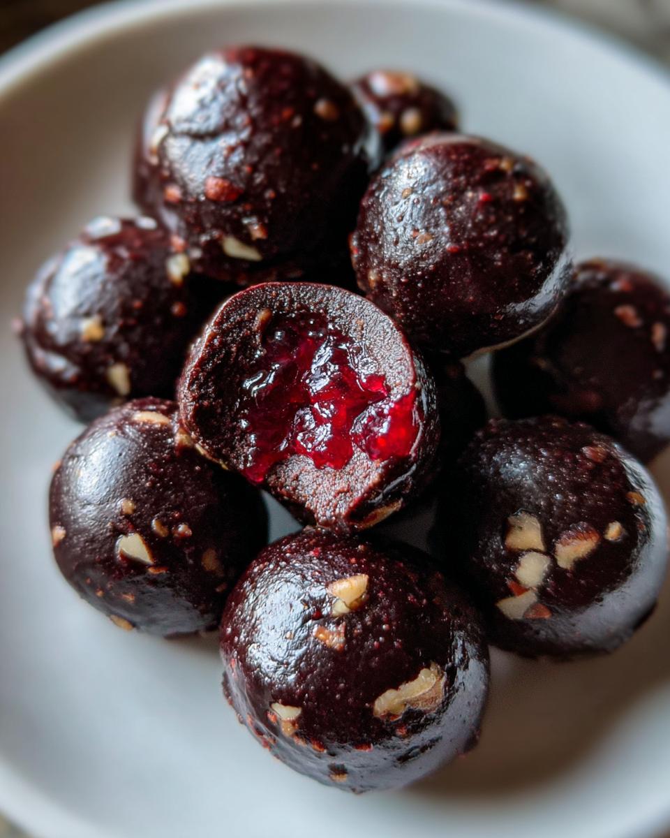 A pile of dark, round Chocolate Covered Cranberry Sauce bites, one cut open revealing a bright red, glossy cranberry center.