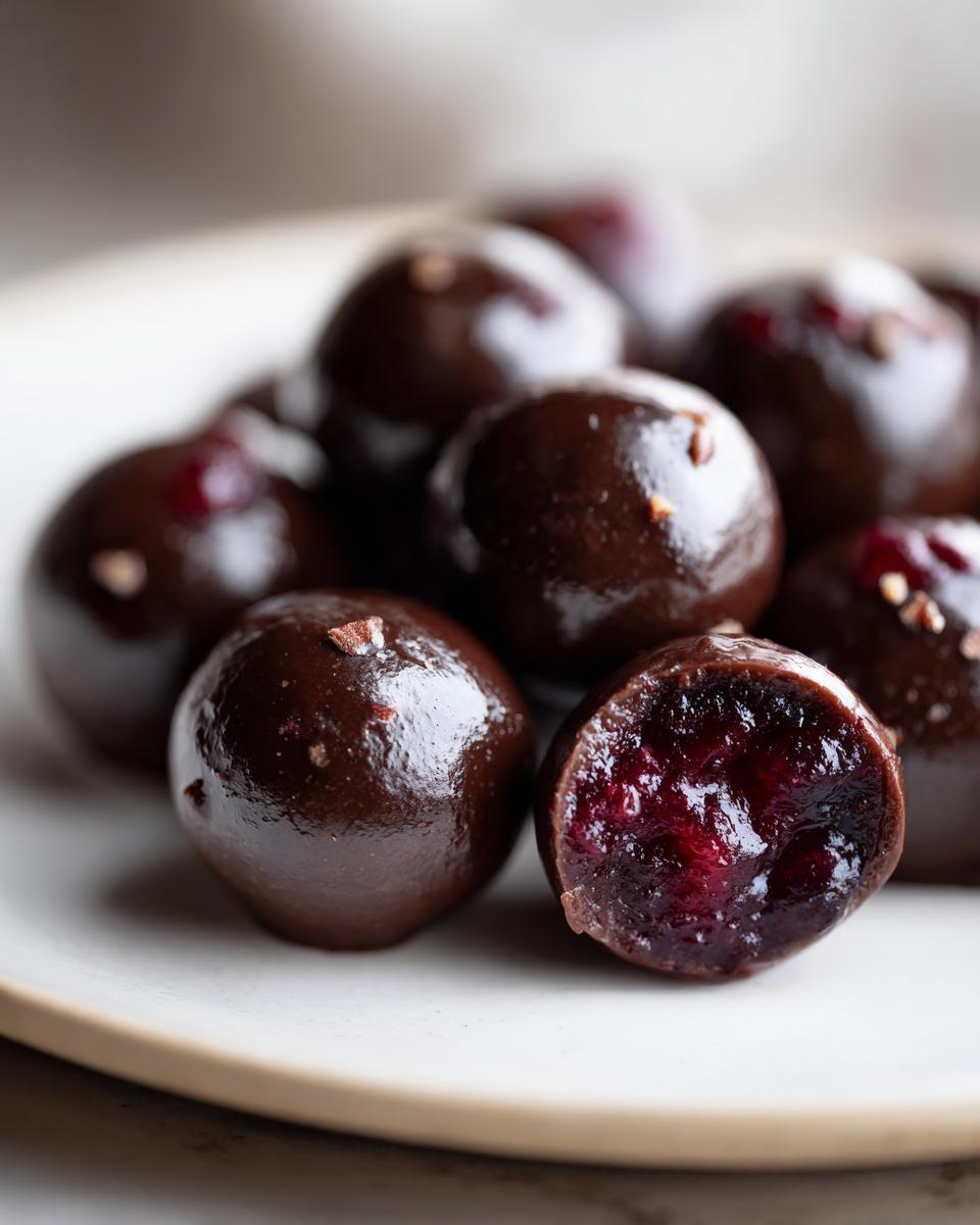 Close-up of shiny Chocolate Covered Cranberry Sauce bites, one cut open revealing the rich, dark red filling.