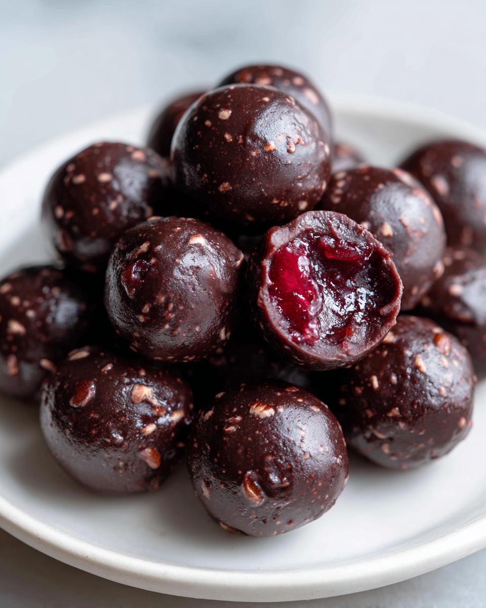 A pile of rich, dark Chocolate Covered Cranberry Sauce bites, one cut open revealing bright red cranberry filling.