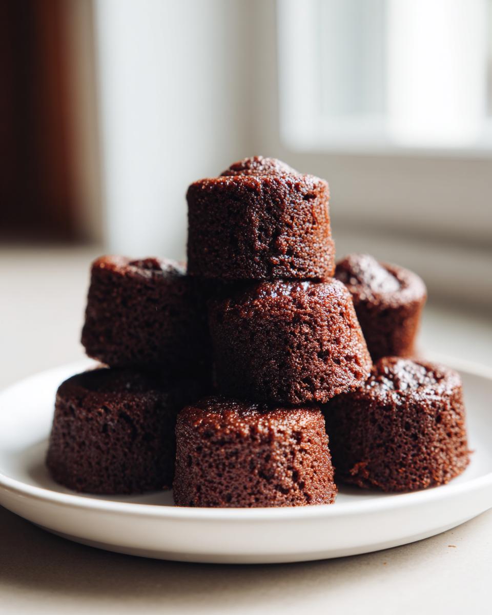 A stack of moist, dark brown Chocolate Gingerbread Mini Cakes piled on a white plate.