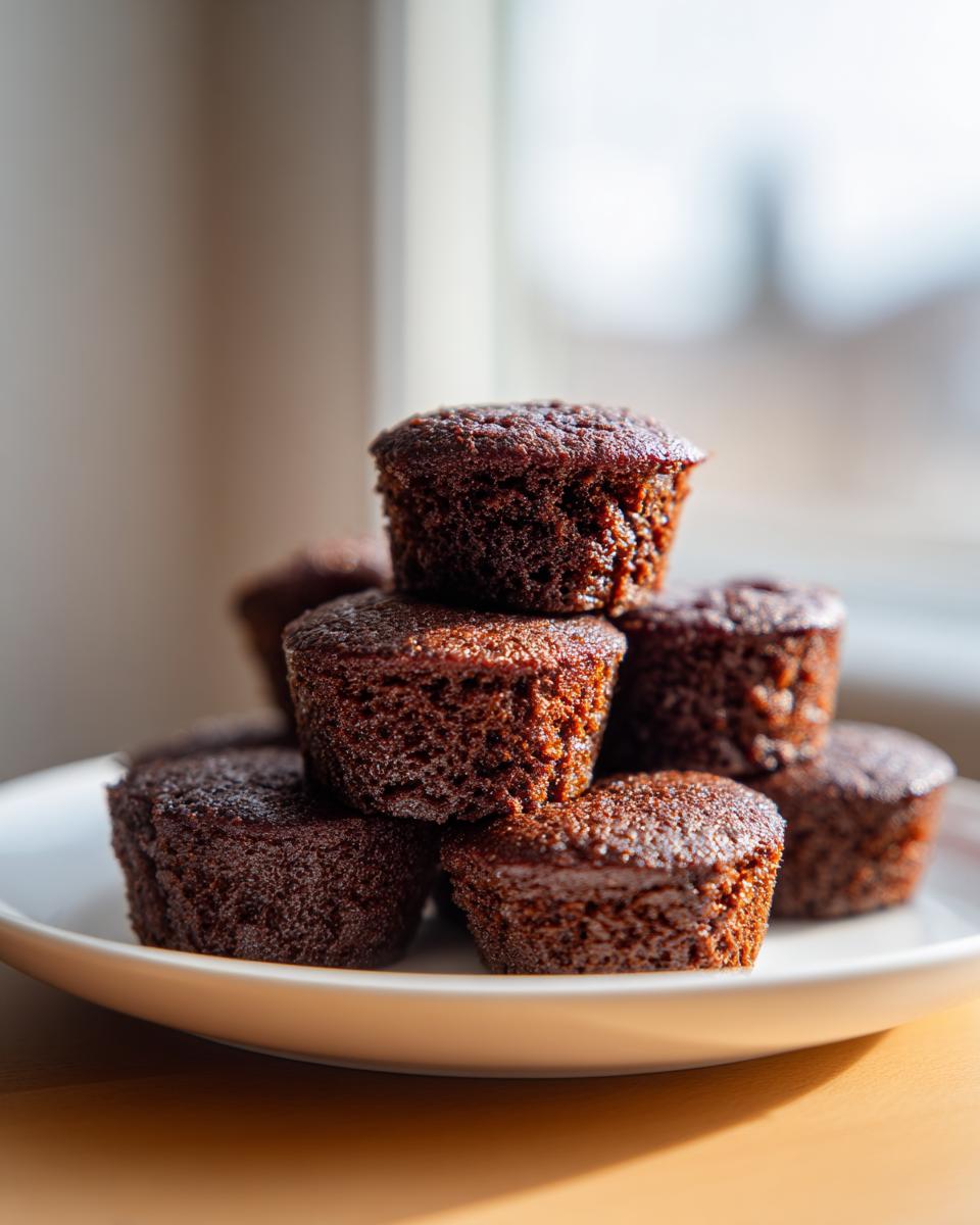 A stack of moist, dark Chocolate Gingerbread Mini Cakes piled on a white plate near a window.