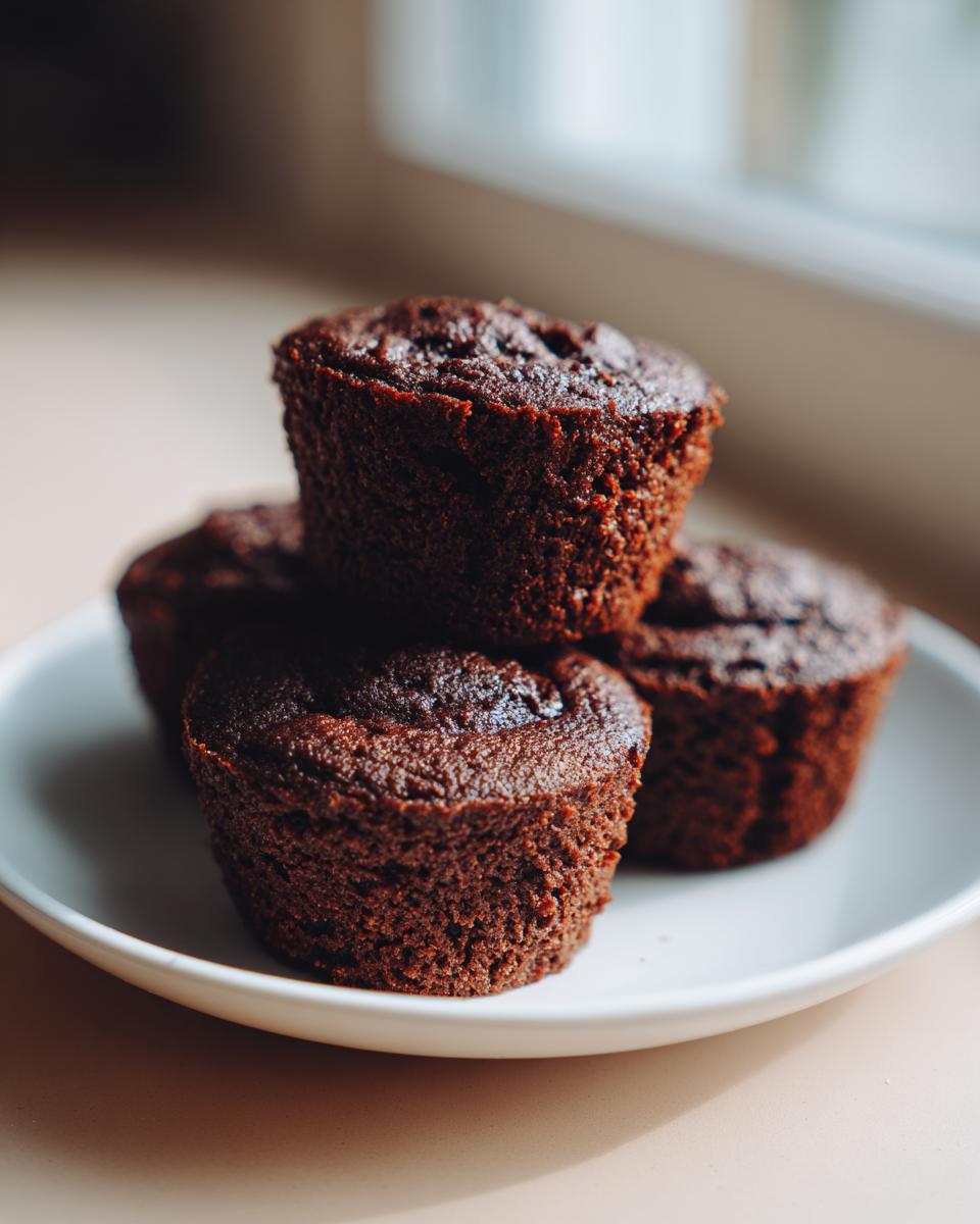 Close-up of four rich, dark Chocolate Gingerbread Mini Cakes stacked loosely on a white plate.