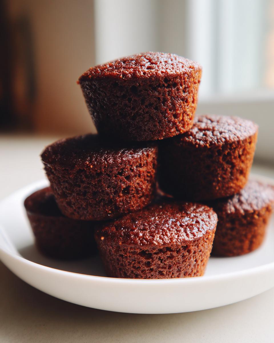 A stack of five moist Chocolate Gingerbread Mini Cakes piled on a small white plate.