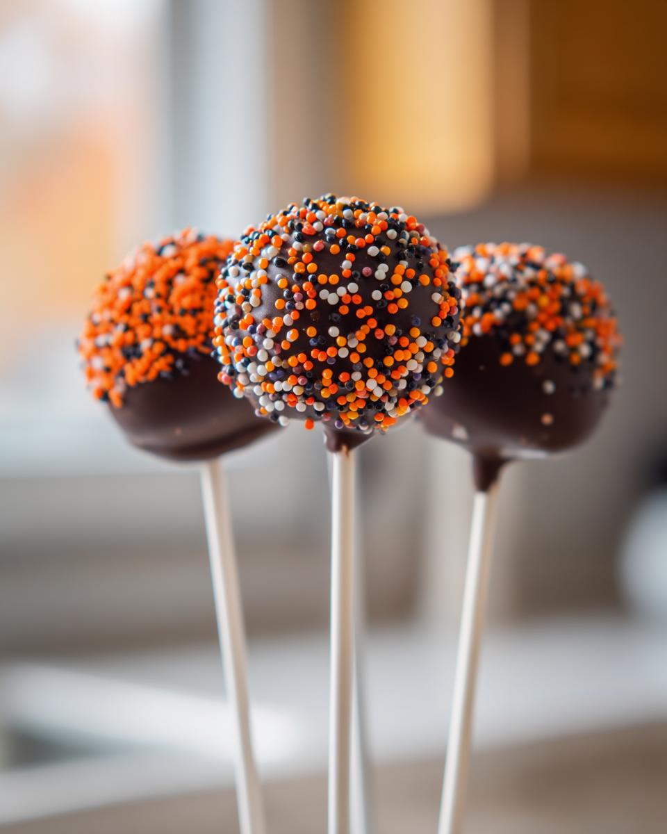 Three chocolate-dipped Halloween Cake Pops covered in orange, black, and white sprinkles on white sticks.