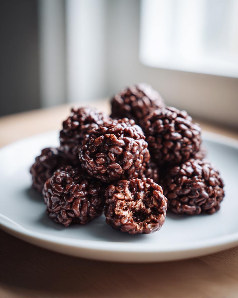 A close-up of several shiny Chocolate Rice Krispie Balls piled on a light blue plate.