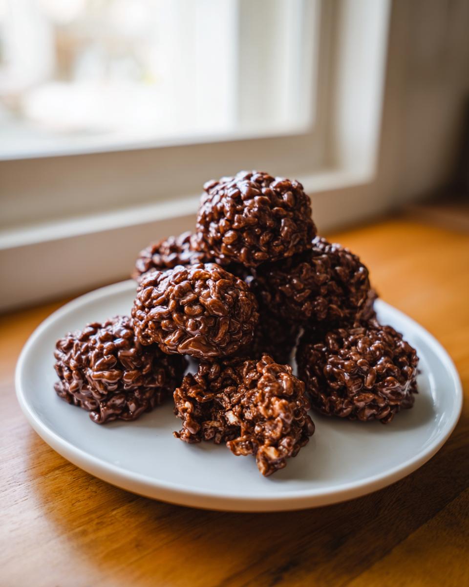 A stack of glossy Chocolate Rice Krispie Balls piled on a white plate near a window.