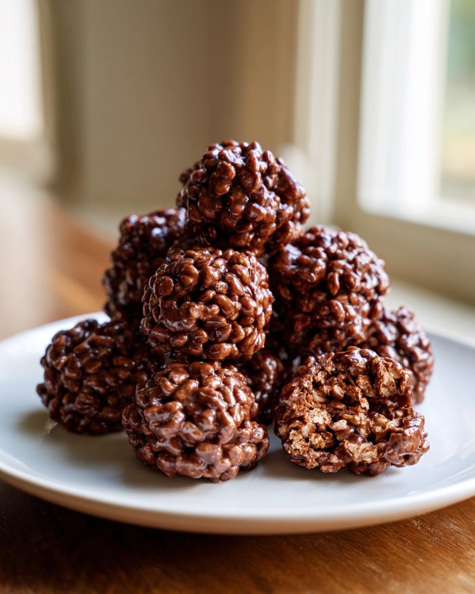 A stack of glossy Chocolate Rice Krispie Balls piled on a white plate, with one ball broken open showing the crispy texture.