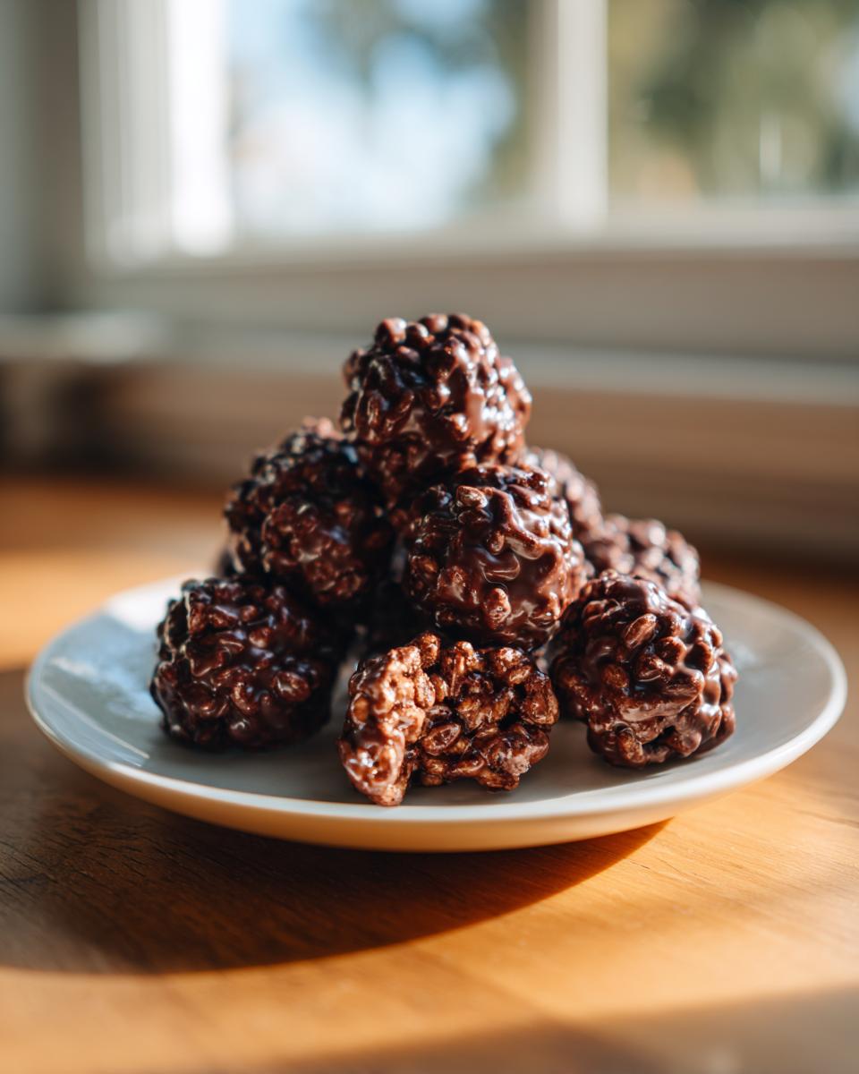 A mound of glossy Chocolate Rice Krispie Balls piled on a small white plate, catching sunlight.