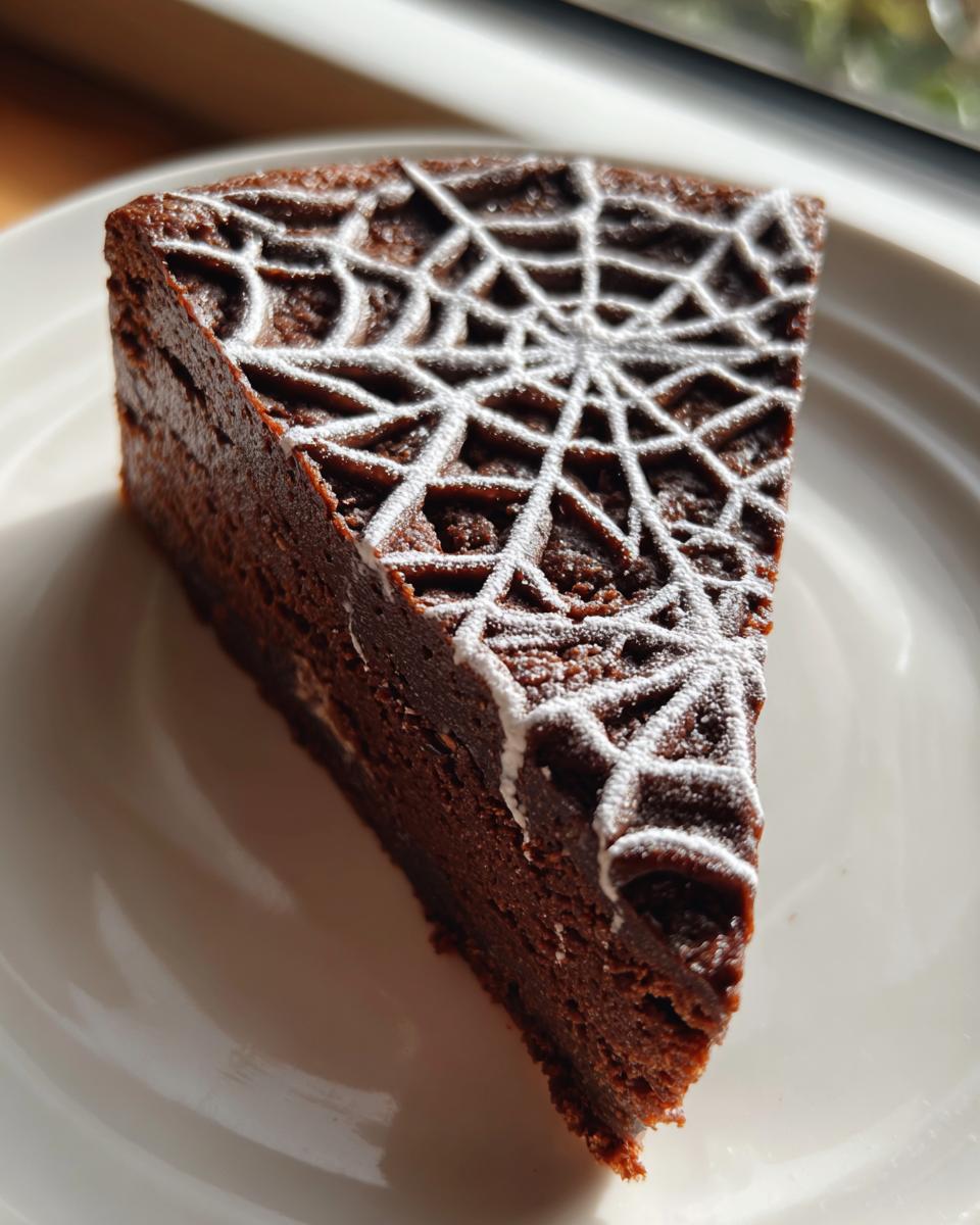 A slice of rich, dark Chocolate Spiderweb Cheesecake topped with white powdered sugar spiderweb design.