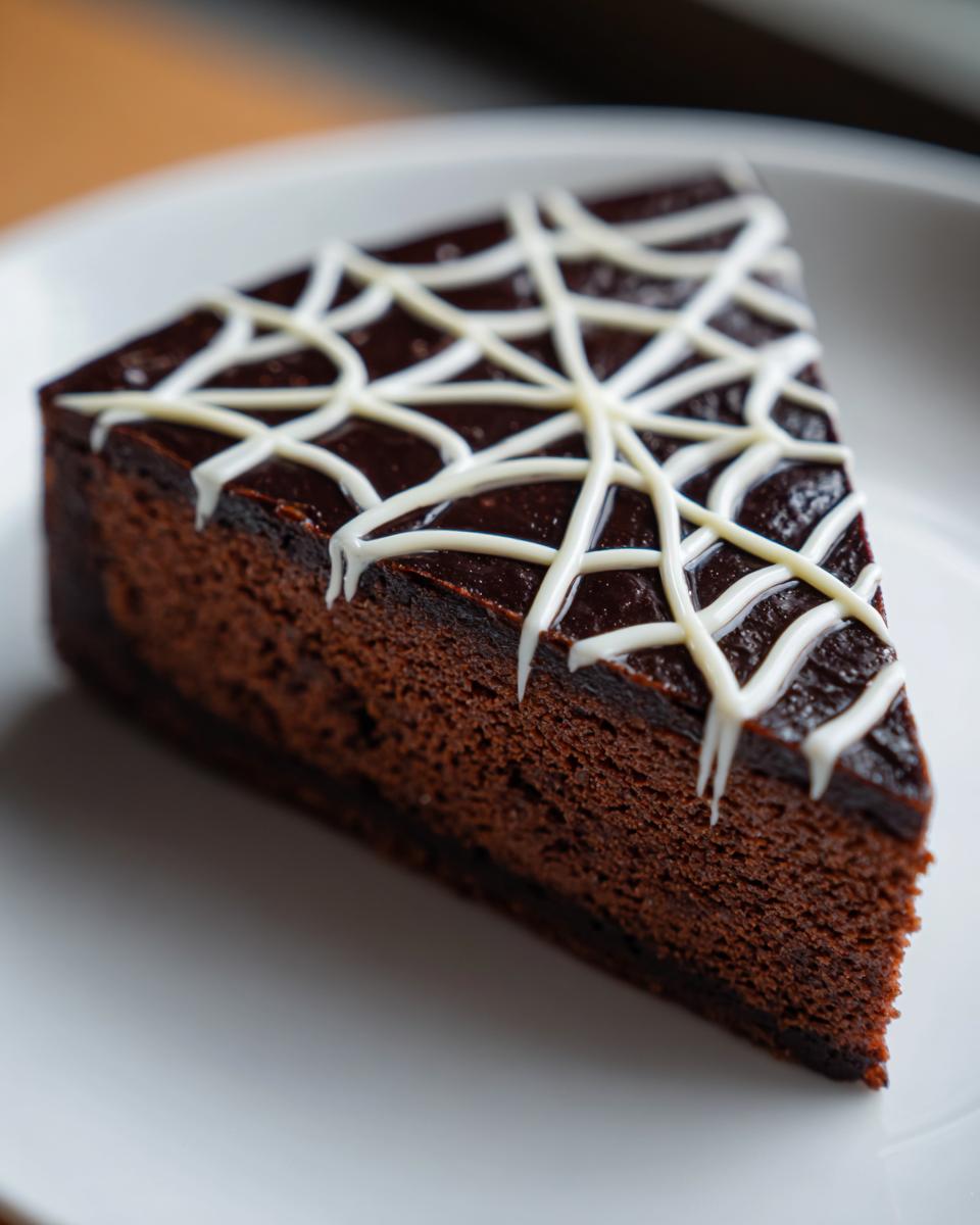 A close-up of a rich, dark slice of Chocolate Spiderweb Cheesecake topped with white icing in a web pattern.