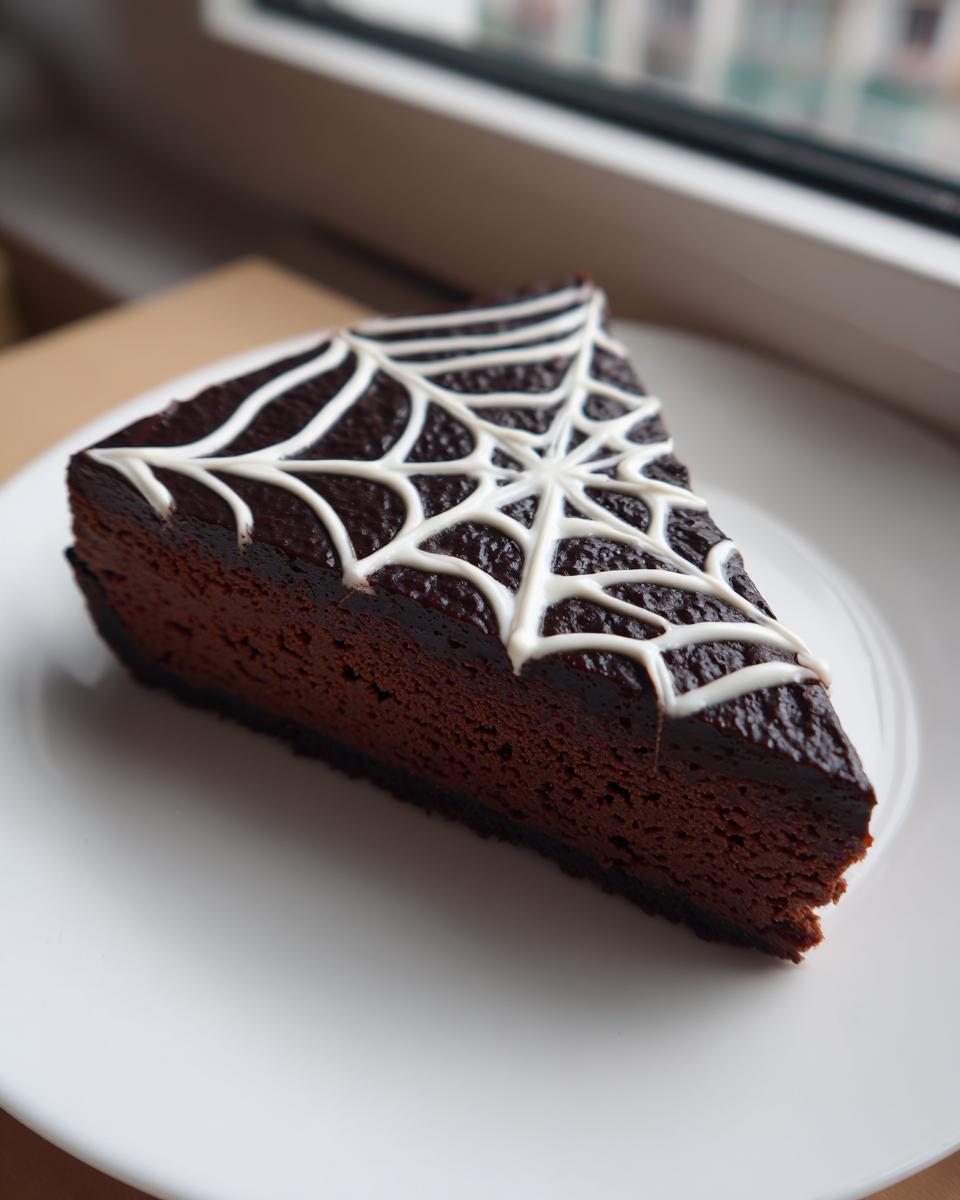 A single slice of rich, dark Chocolate Spiderweb Cheesecake decorated with white icing in a spiderweb pattern.