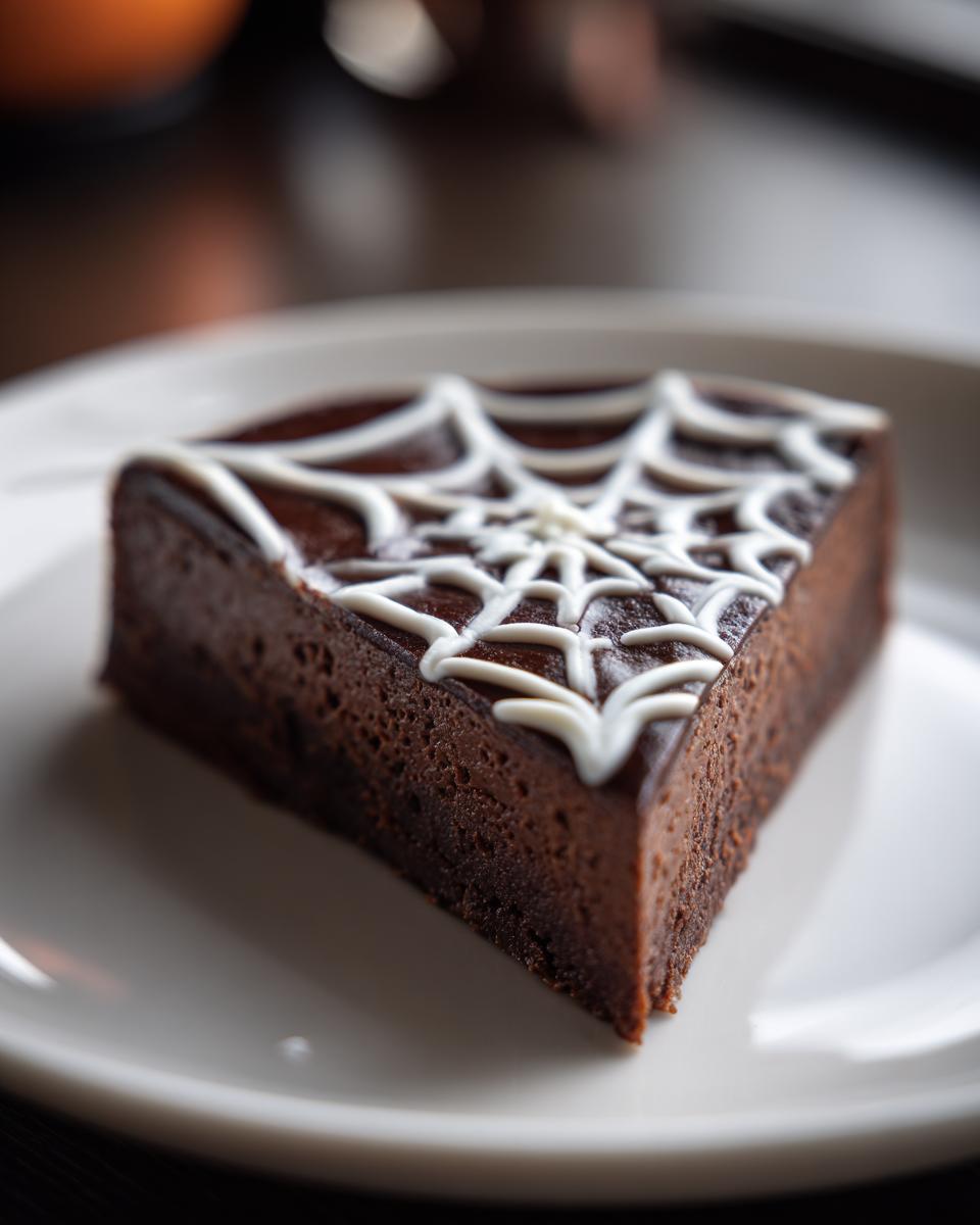 A single slice of rich, dark Chocolate Spiderweb Cheesecake decorated with white icing.