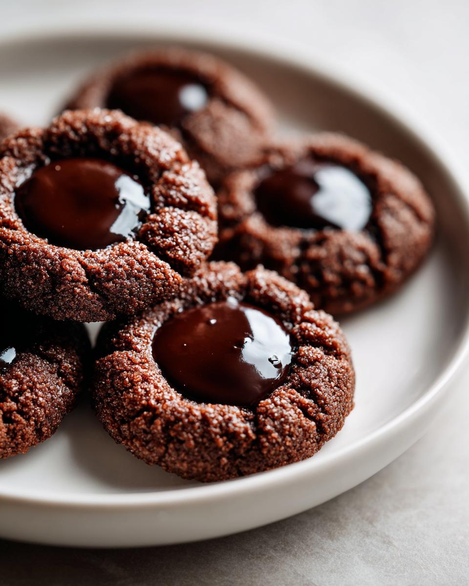 Close-up of several rich, dark Chocolate Thumbprint Cookies filled with glossy melted chocolate.