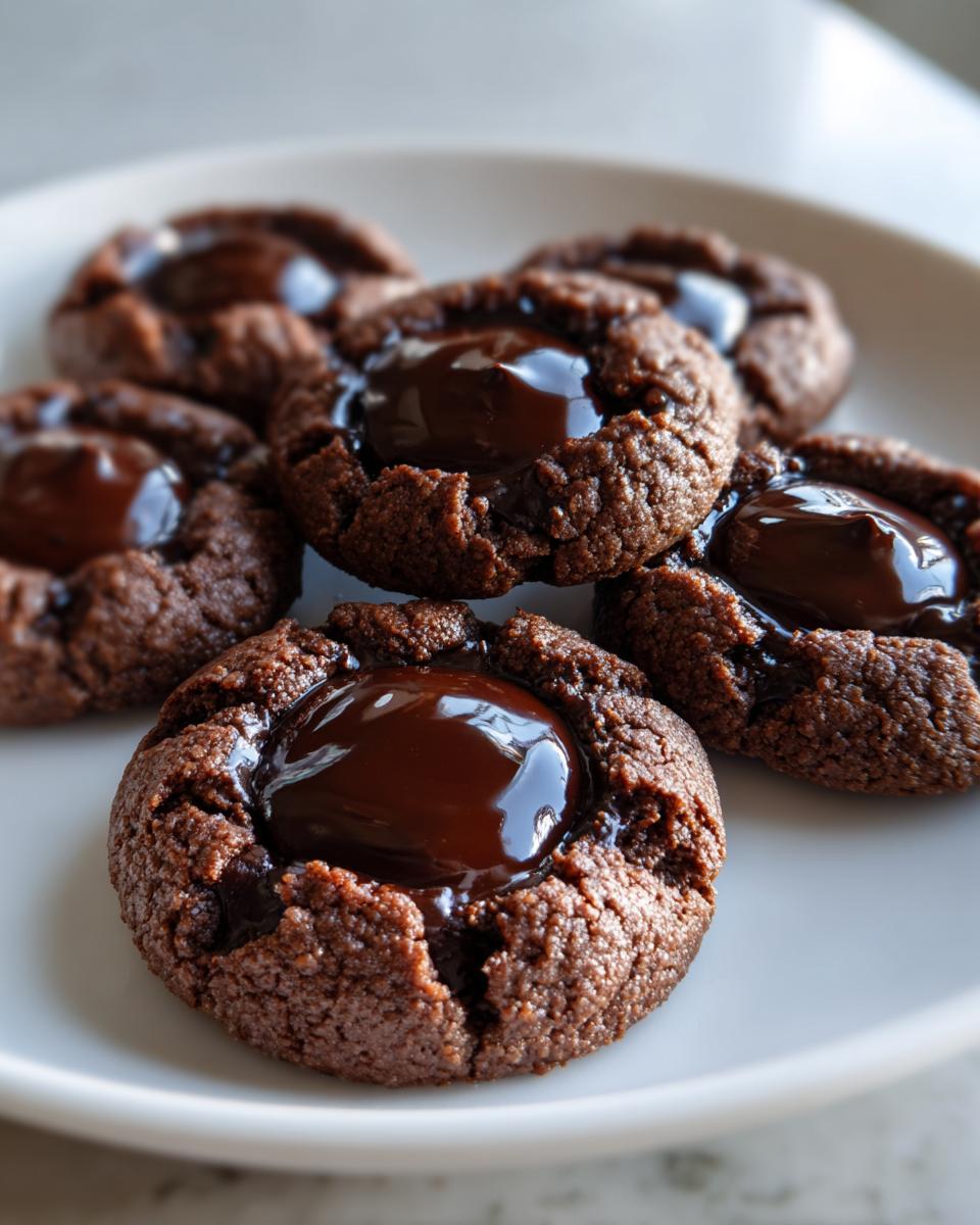 A plate of rich, dark Chocolate Thumbprint Cookies with glossy melted chocolate centers.