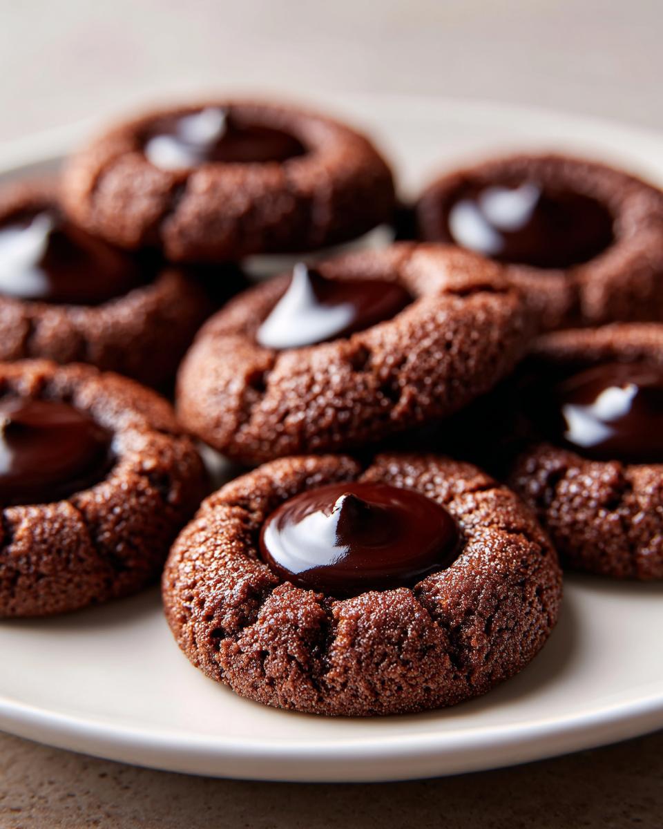 Close-up of several rich Chocolate Thumbprint Cookies filled with glossy dark chocolate ganache.