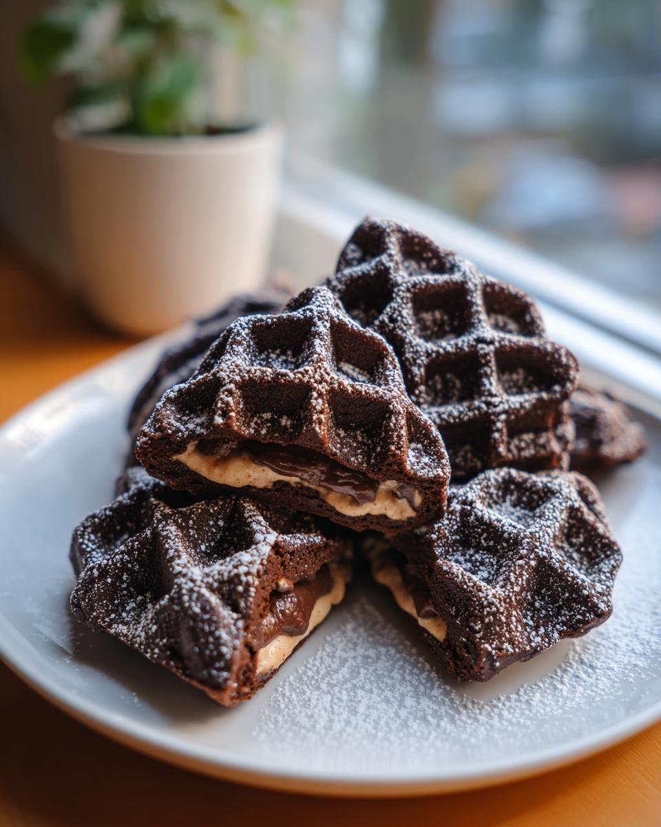 Close-up of stacked chocolate Witch Hat Waffles dusted with powdered sugar, showing a creamy filling inside.