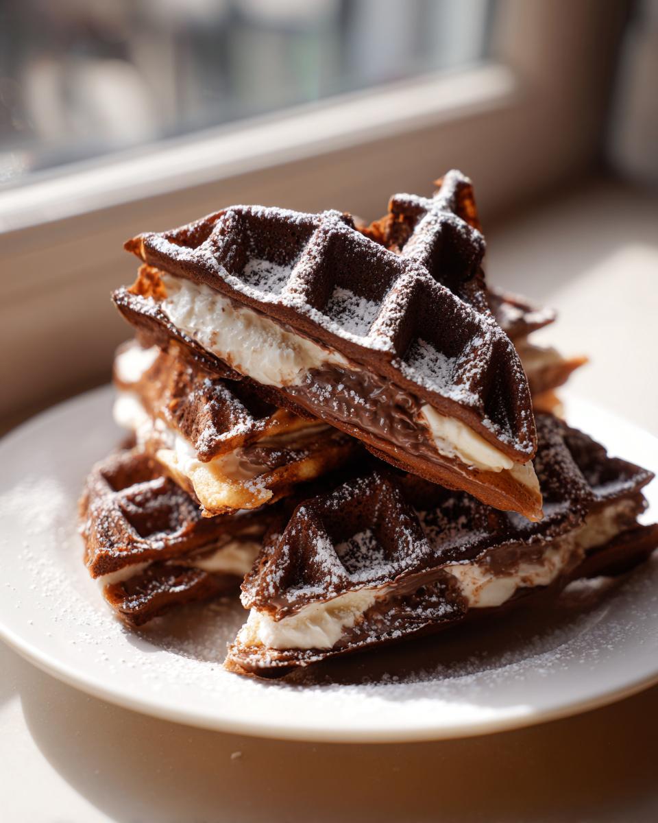 A stack of dark chocolate Witch Hat Waffles, cut in half and filled with cream and chocolate spread, dusted with powdered sugar.