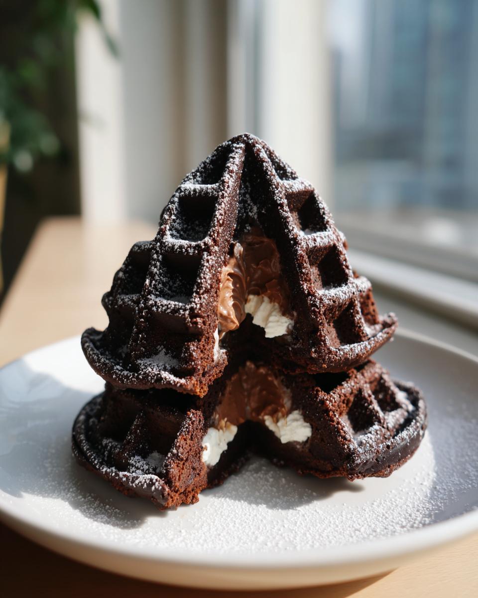 A stack of dark chocolate Witch Hat Waffles cut in half, revealing a creamy chocolate and white filling, dusted with powdered sugar.