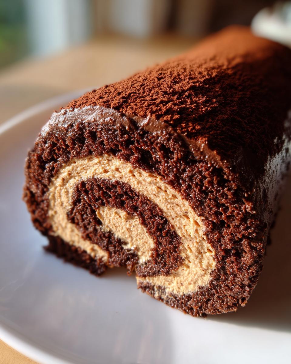 Close-up of a chocolate Yule Log showing the dark sponge cake rolled with light brown cream filling.