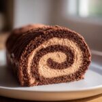 Close-up of a chocolate Yule Log showing the perfect swirl of dark cake and light brown cream filling.