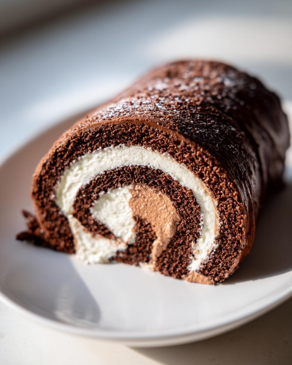 A cross-section of a chocolate Yule Log cake roll showing dark sponge, white cream, and light brown filling.