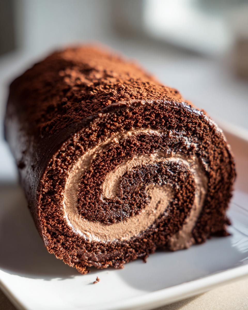 A close-up, cross-section view of a rich chocolate Yule Log showing the dark cake rolled with light brown cream filling.
