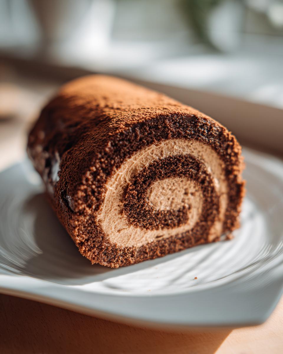 A close-up cross-section of a chocolate Yule Log showing the dark cake and light cream filling swirl, dusted with cocoa.