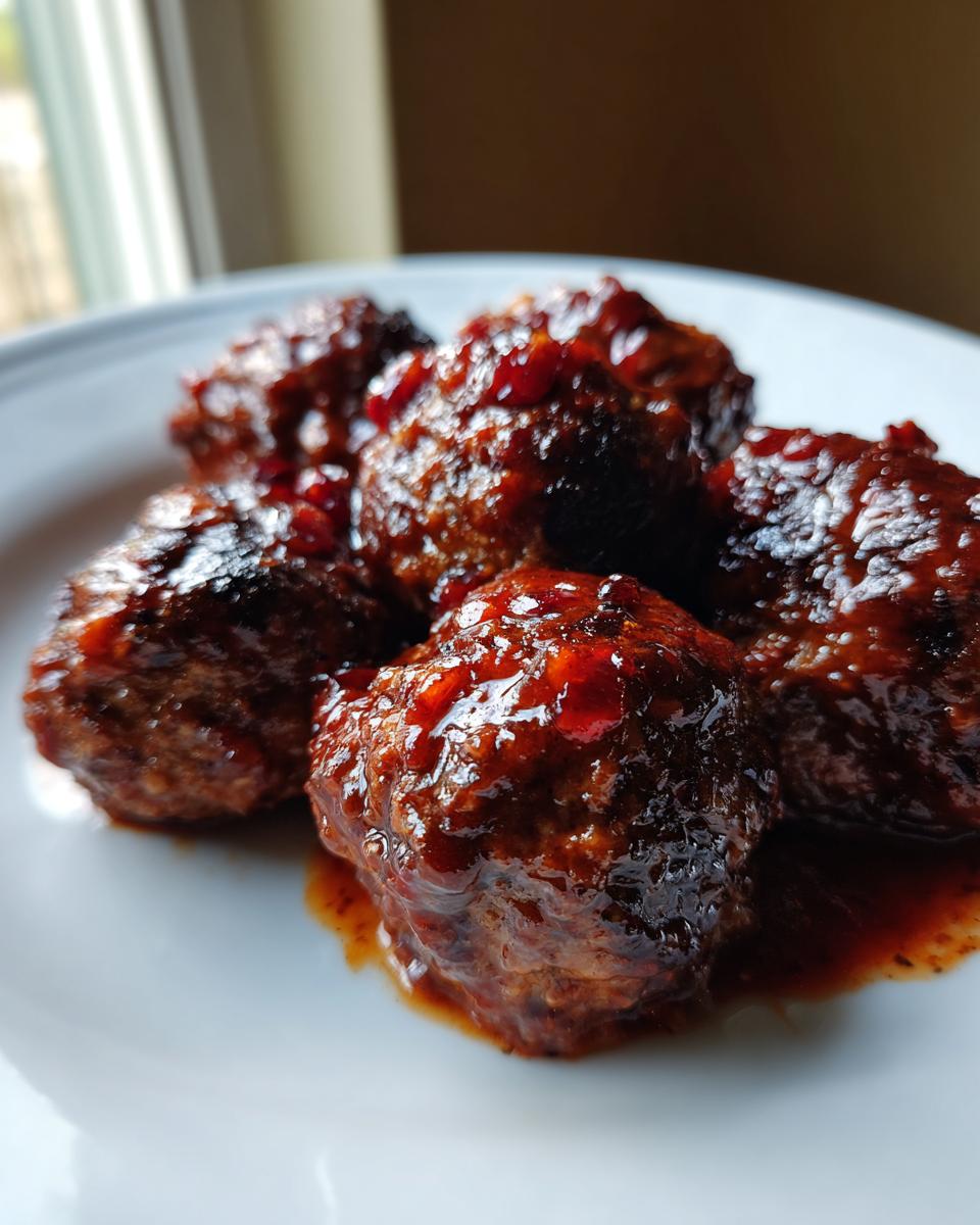 Close-up of several glossy Christmas Cranberry Meatballs coated in a rich, dark red sauce on a white plate.