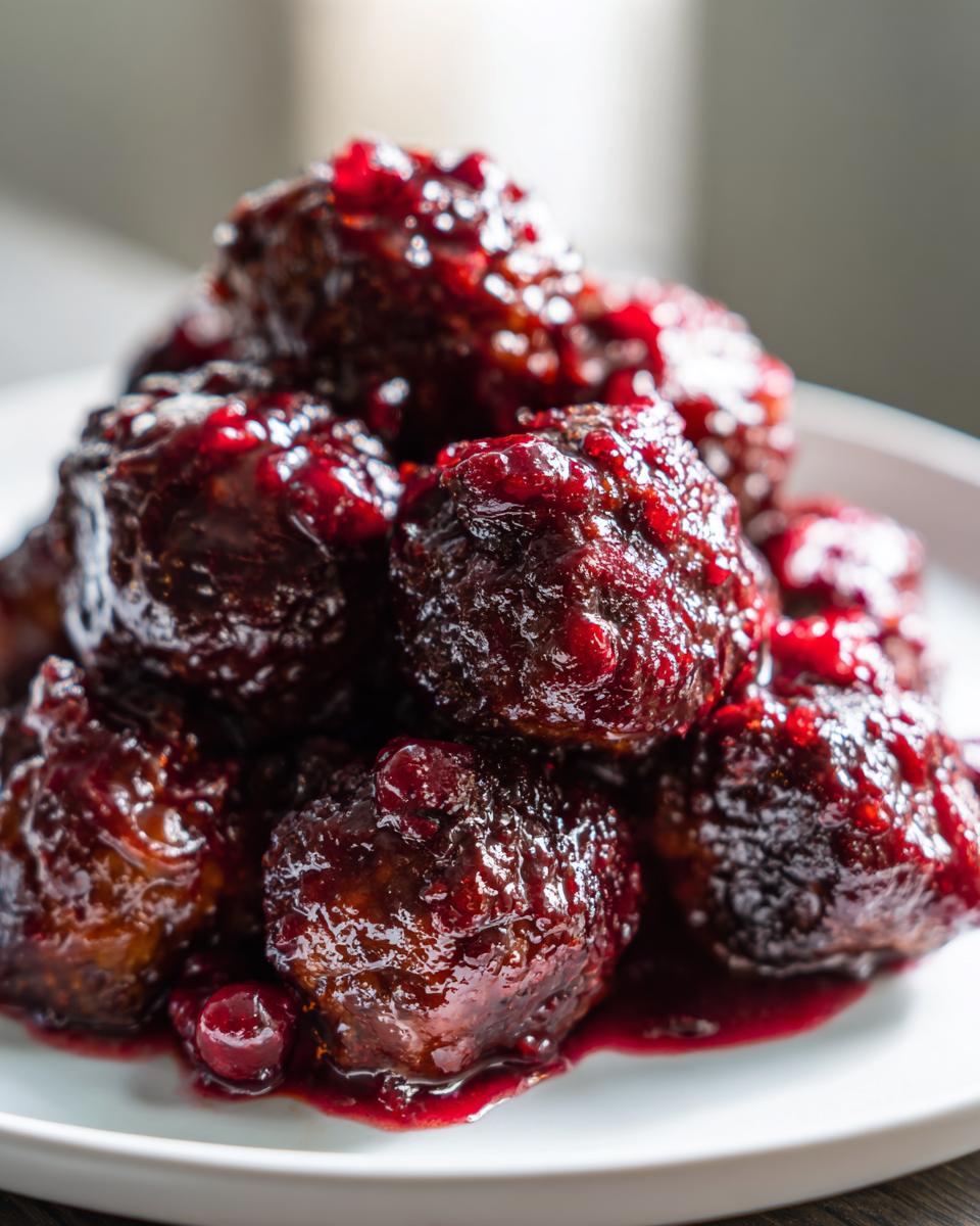 A close-up shot of a pile of glistening Christmas Cranberry Meatballs coated in a thick, rich cranberry sauce.