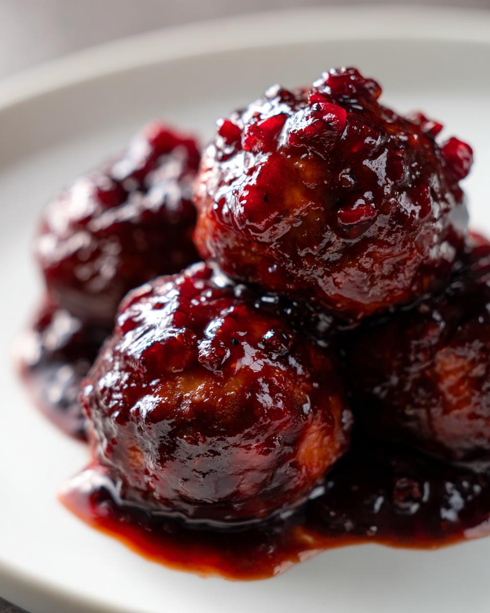 A close-up shot of several glistening Christmas Cranberry Meatballs covered in a thick, dark red cranberry glaze.
