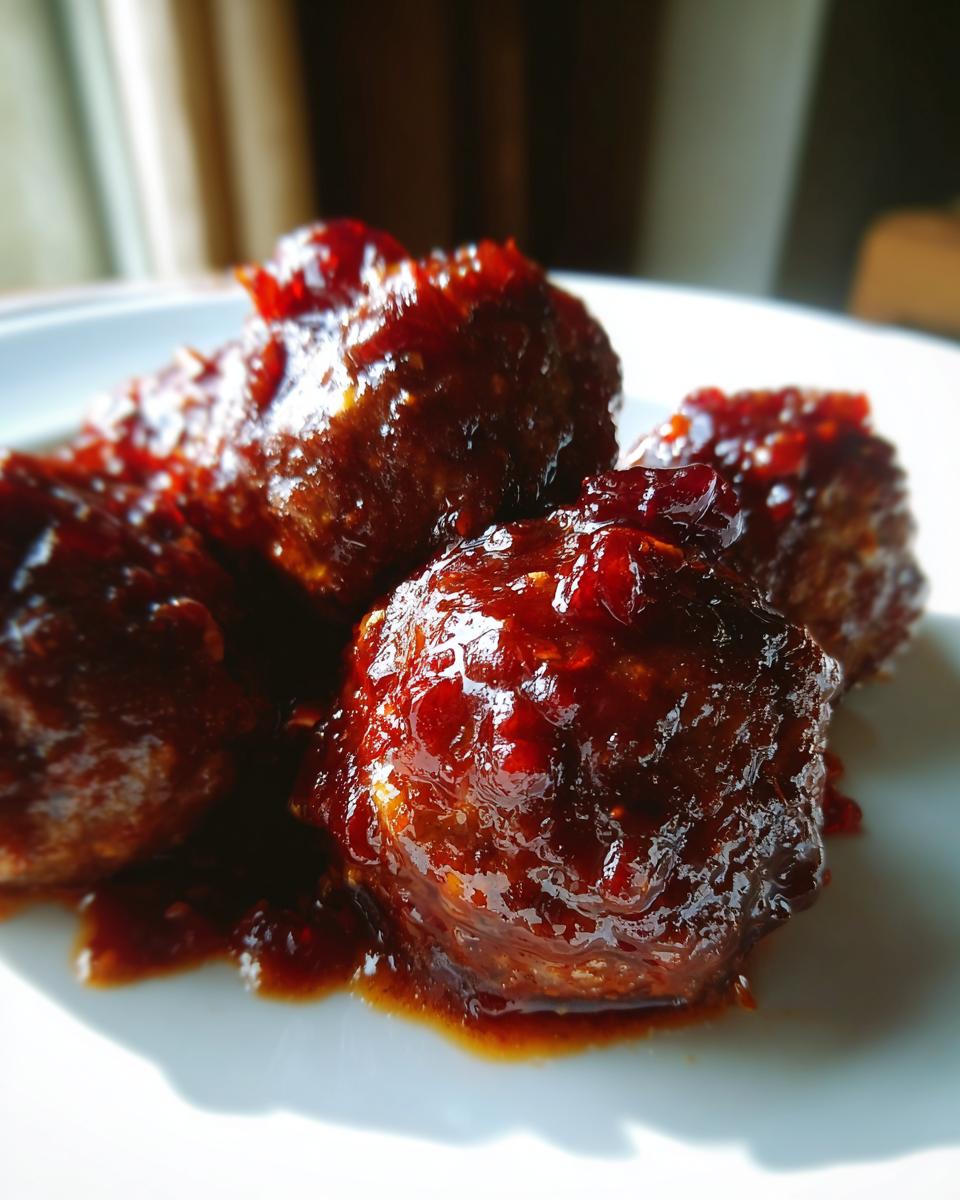 Close-up of several glistening Christmas Cranberry Meatballs coated in a thick, dark red cranberry glaze on a white plate.