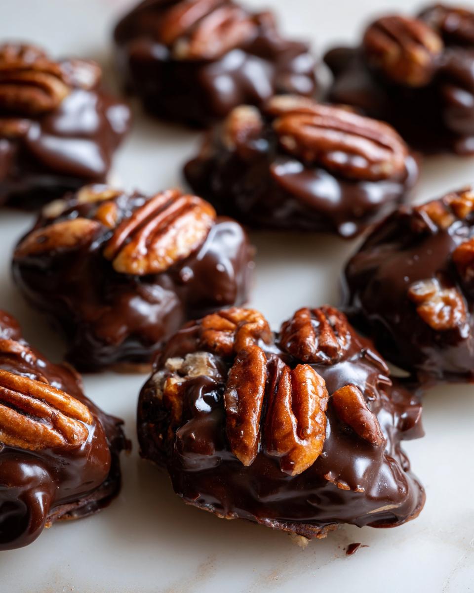 A close-up, shallow depth-of-field photo of several rich, dark chocolate Christmas Pecan Turtles topped with whole pecans.