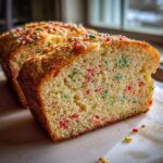 Close-up of a slice of Christmas Sprinkle Buttermilk Bread showing colorful sprinkles baked inside the moist crumb.
